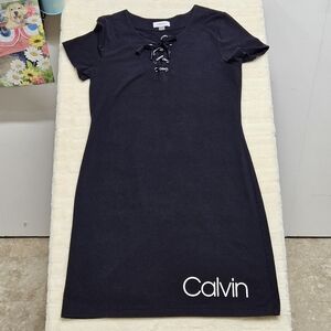 Calvin Klein Black Lace-Up T-Shirt Mini Dress Size M Logo Stretch Casual Y2K